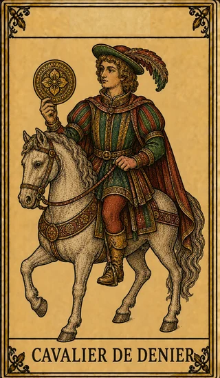 Cavalier de Denier, carte du Tarot de Marseille Lames de Minuit