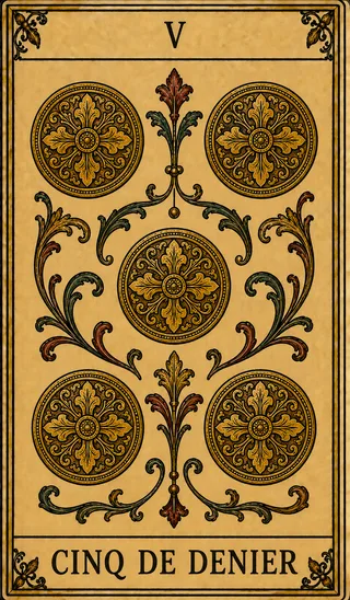 Cinq de Denier, carte du Tarot de Marseille Lames de Minuit