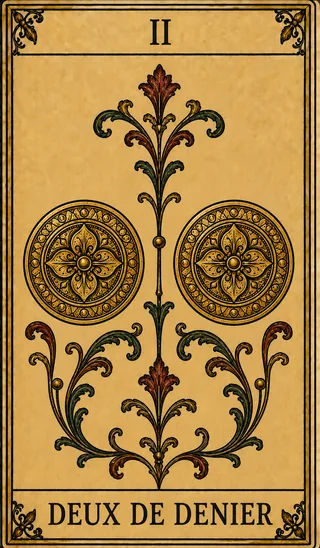 Deux de Denier, carte du Tarot de Marseille Lames de Minuit