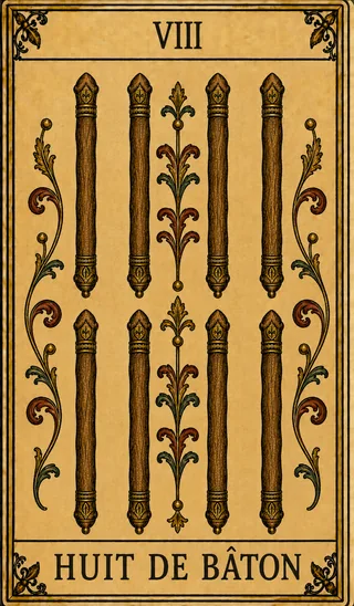 Huit de Bâton, carte du Tarot de Marseille Lames de Minuit