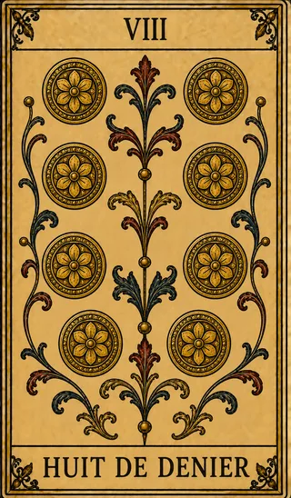 Huit de Denier, carte du Tarot de Marseille Lames de Minuit