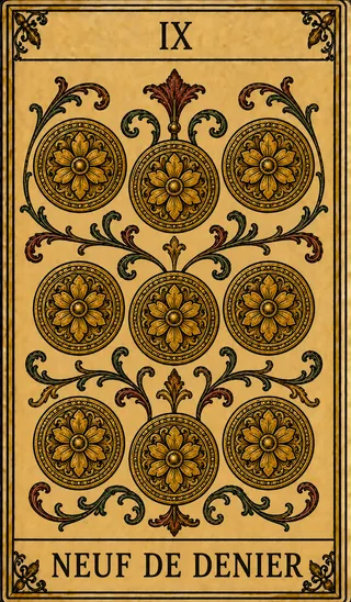 Neuf de Denier, carte du Tarot de Marseille Lames de Minuit