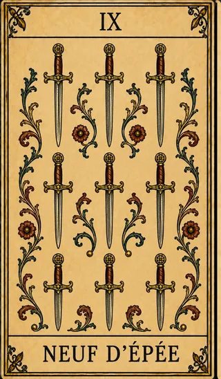 Neuf d’Épée, carte du Tarot de Marseille Lames de Minuit