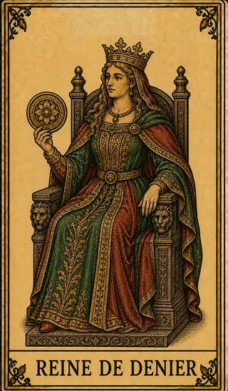 Reine de Denier, carte du Tarot de Marseille Lames de Minuit