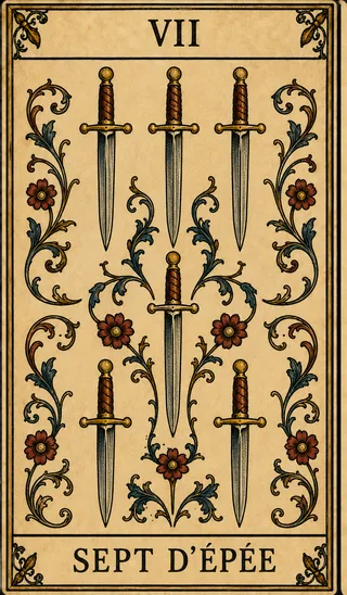 Sept d’Épée, carte du Tarot de Marseille Lames de Minuit