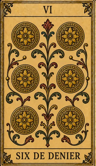 Six de Denier, carte du Tarot de Marseille Lames de Minuit