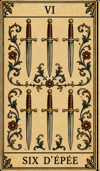 Six d’Épée, carte du Tarot de Marseille Lames de Minuit
