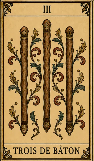 Trois de Bâton, carte du Tarot de Marseille Lames de Minuit