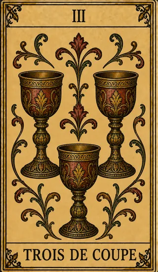 Trois de Coupe, carte du Tarot de Marseille Lames de Minuit