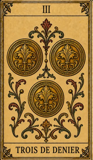 Trois de Denier, carte du Tarot de Marseille Lames de Minuit