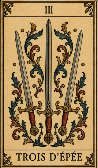 Trois d’Épée, carte du Tarot de Marseille Lames de Minuit