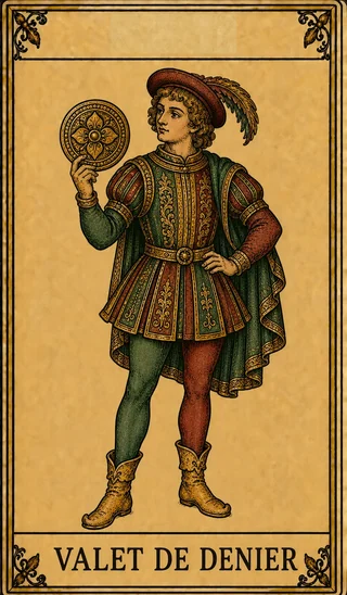 Valet de Denier, carte du Tarot de Marseille Lames de Minuit